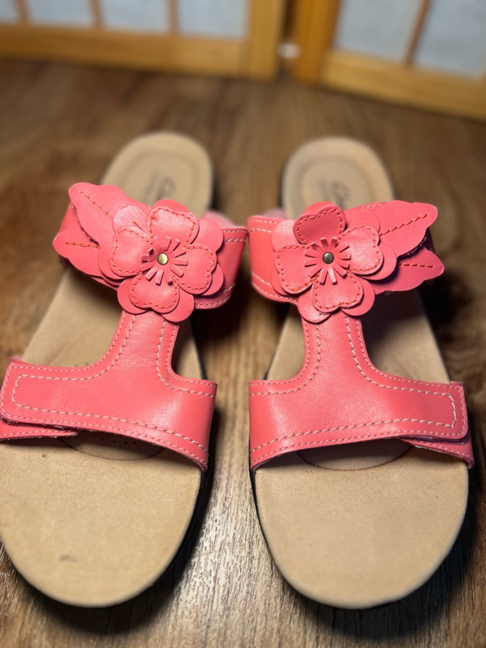 Clarks Collection Coral Pink Floral Comfort Sandals Women’s Size 9.5 Slide Mule - Picture 5 of 9